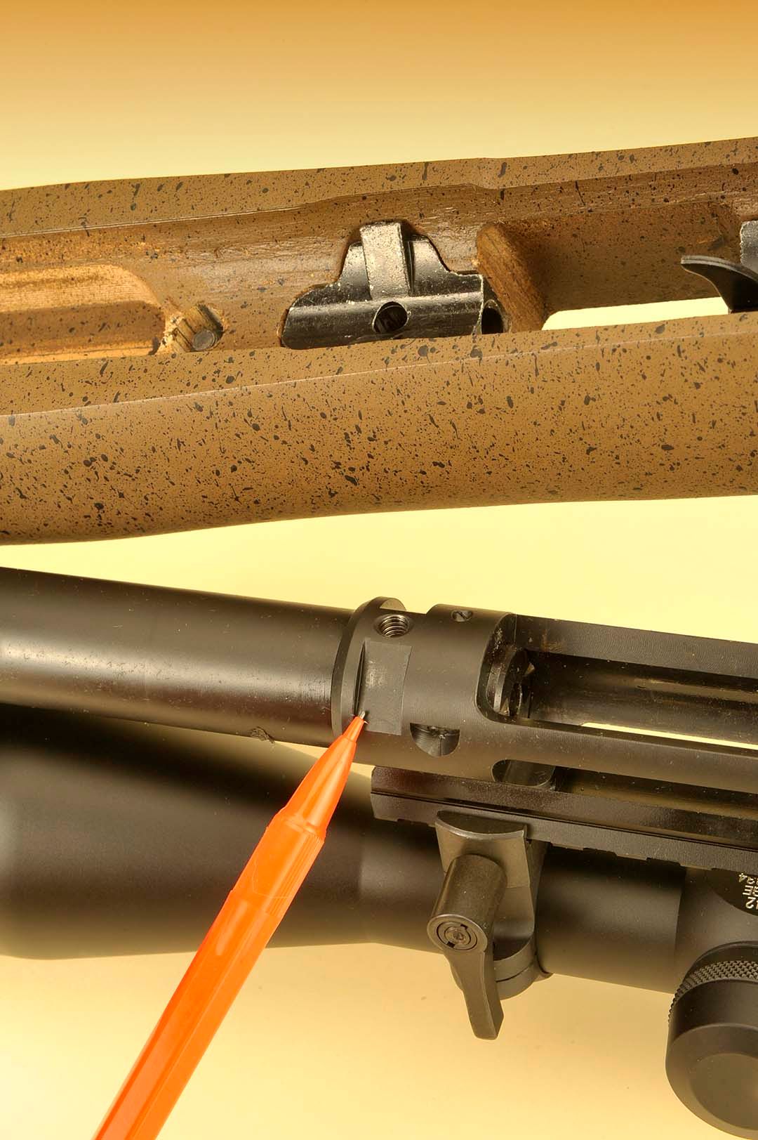 Here, you can see how Ruger’s Power Bedding integral bedding block is set up within the rifle. On top is the block with light-colored notches, while the bottom shows how they fit within the confines of like notches on the receiver. Everything fits without any fuss when taking the rifle apart for maintenance and placing it back again.